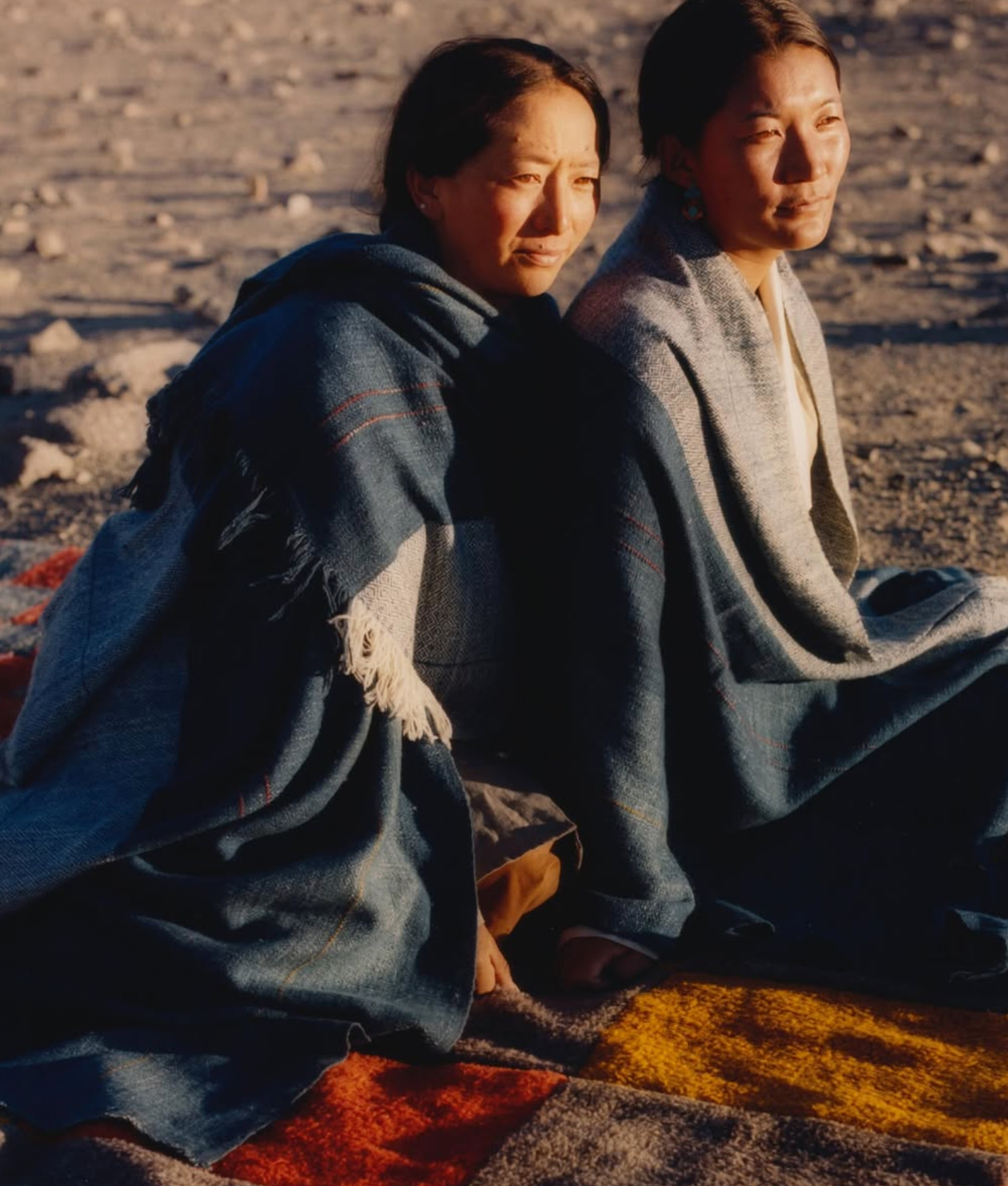 A model wearing a handwoven, naturally dyed Lena Ladakh pashmina shawl