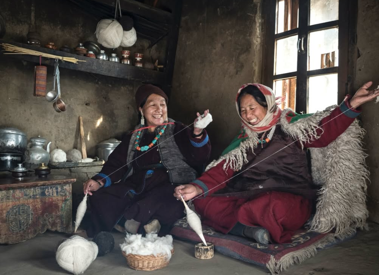 Village artisans working on traditional shawl-making in Ladakh